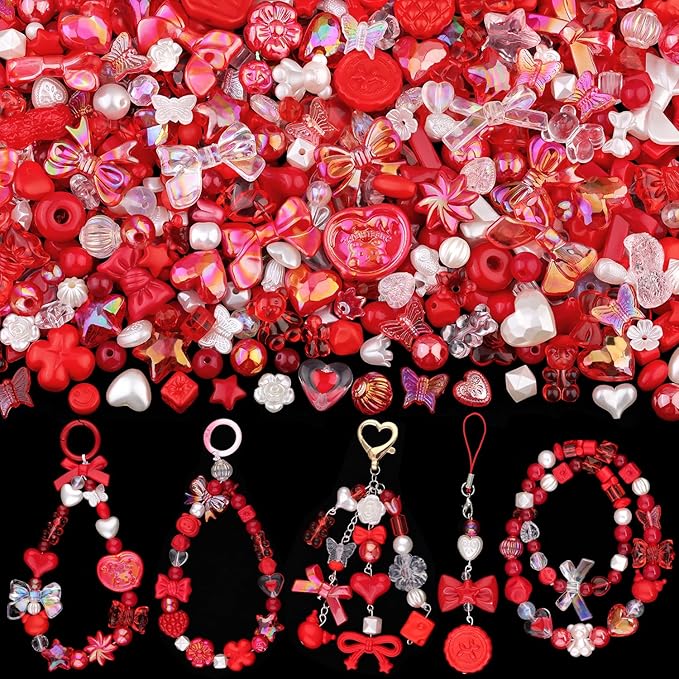 Assorted 200-260PCS Red Acrylic Beads for Bracelet Making, Flower Bow Candy GummyBear Bracelet Charms,Cute Beads for Jewelry Making DIY Necklace Keychain Phone Charm Christmas Gift