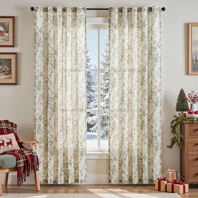 jinachan Linen Blend Floral Curtains for Living Room 90 Inch Length Christmas Sage Green Printed Curtain Rod Pocket Back Tab Farmhouse Peony Flower Patterned Drapes Bedroom Curtains Set 2 Panels