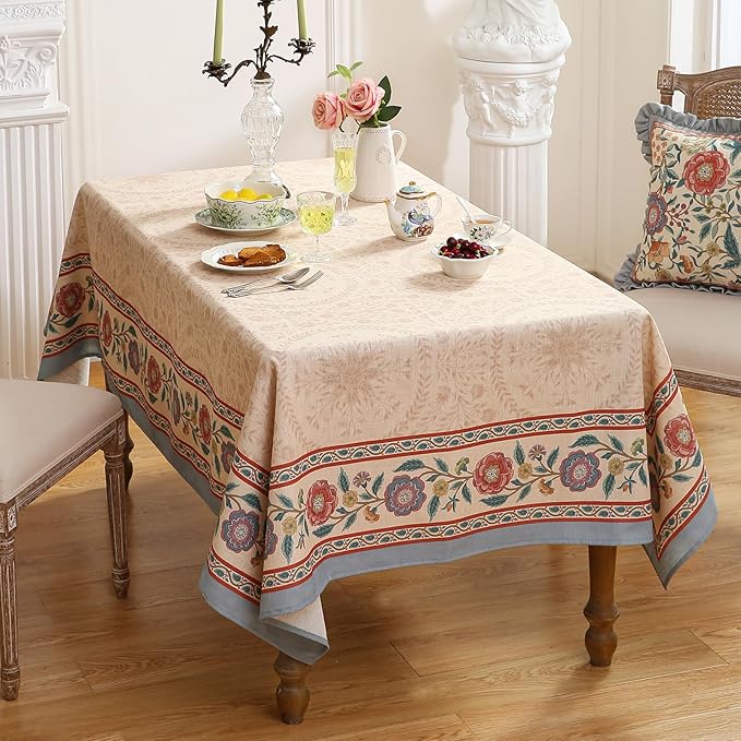 Beige Linen Rectangle Extra Long Tablecloth,Vintage Indian Style Soft and Colorfast Floral Tablecloths,Decor Table Cover for Kitchen,Dining,Thanksgiving,63"*110"-Flowershadow E