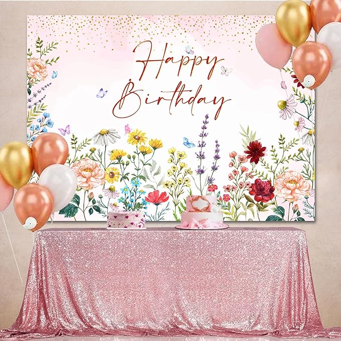 Wildflower Happy Birthday Backdrop Banner Girls Floral Birthday Decorations,Spring Watercolor Wildflower Bday Background Women Girls Wild Flowers Theme 1st Birthday Party Decor Photo Booth Props 8x6ft