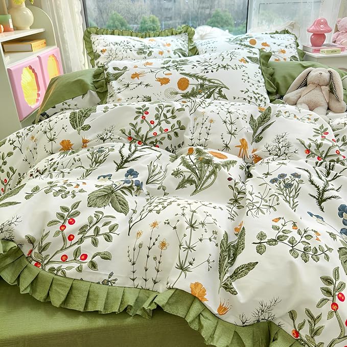 Botanical Floral Duvet Cover with Green Ruffle 100% Cotton Vibrant Flower Duvet Cover Twin Girls Romantic Comforter Cover Princess Lace Coquette Bedding Vintage Aesthetic Flower Comforter Cover Twin