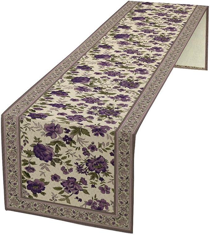 Vintage Floral Table Runner, Elegant Purple Flowers Retro Design Table Runner for Kitchen Dining Holiday Party Decoration, 13x60 Inch
