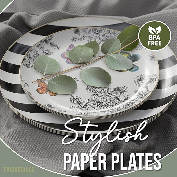 Trendables Floral Paper Plates 8.5 Inch & 10.5 Inch 40 Pcs Dinner Plate Set Fancy Disposable Plates for Party for 20 Guests 20 X 8 & 20 X 10 Large & Small Paper Plate Set for Parties Monarch