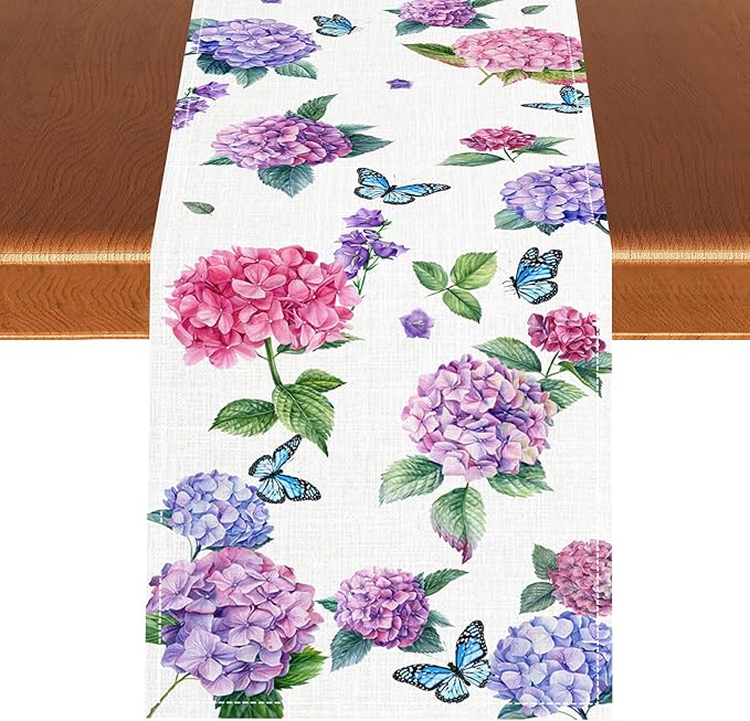 Hydrangea Table Runner, Spring Summer Watercolor Purple Floral Seasonal Country Farmhouse Coffee Table Center Decor for Home Kitchen Dining Patio Holiday Party Table Decorations 13x36 inches