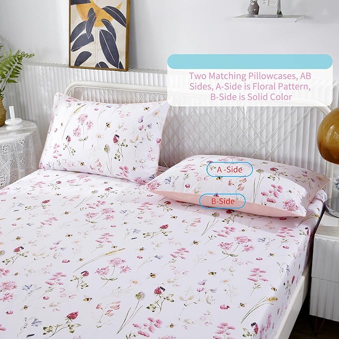 RYNGHIPY Shabby Floral Bees Print Bedding Sheets with Pillowcases, Breathable Egyptian Cotton Bed Sheet Set (Bee,Queen Size)