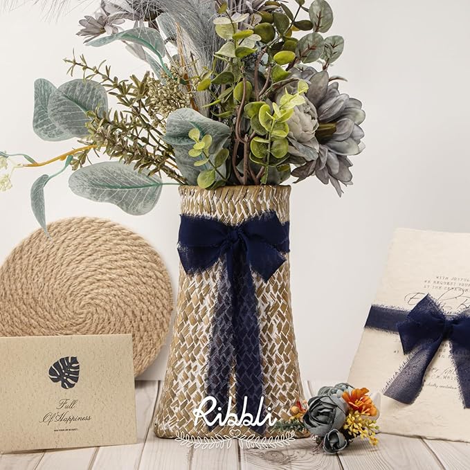 Ribbli Navy Ribbon 1 Inch x 3 Rolls Total 24 Yards Handmade Fringe Chiffon Silk Ribbon for Wrapping Wedding Invitations Bridal Bouquets DIY Crafts Home Decor