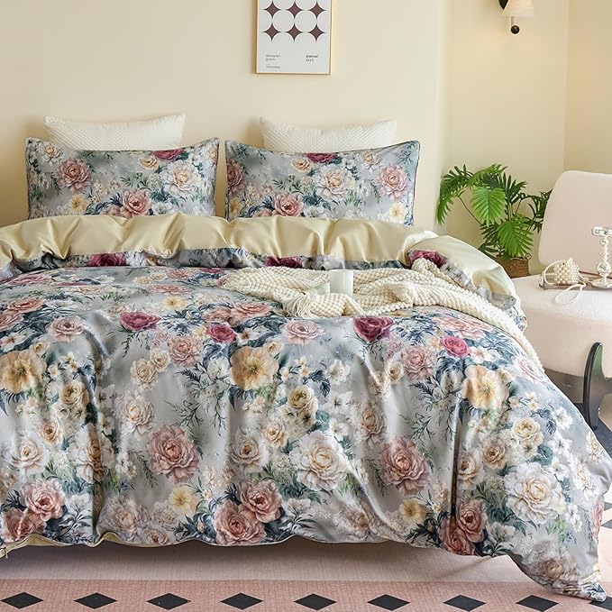 Blue Floral Duvet Cover Set 100% Percale Cotton Queen Size Shabby Vintage Chic Penoy Patterned Comforter Covers with Zipper，Soft & Breathable French Country Bedding 3Pcs-Not Comforter