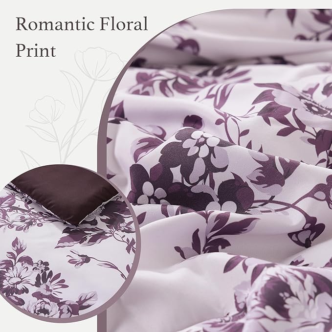 Queen Comforter Set -7 Pieces Deep Purple Floral Comforter Set for All Seasons, Bed in a Bag Queen with Botanical Flowers Comforter, Sheets, Pillowcases & Shams