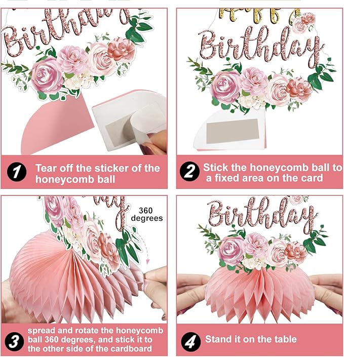 Pink Rose Gold Birthday Decorations Floral Honeycomb Centerpieces for Women Girls, 8pcs Floral Birthday Table Centerpiece Party Supplies, 16th 18th 21th 30th 40th 50th 60th Bday Table Topper