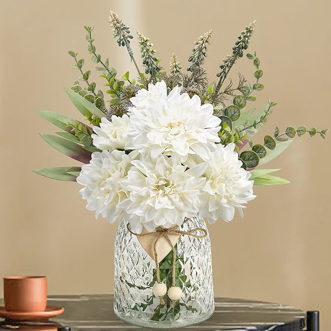 Der Rose Fake Flowers in Vase Silk Artificial White Flowers Arrangements with Glass Vase for Dinning Coffee Table Centerpieces Home Kitchen Farmhouse Wedding Decor