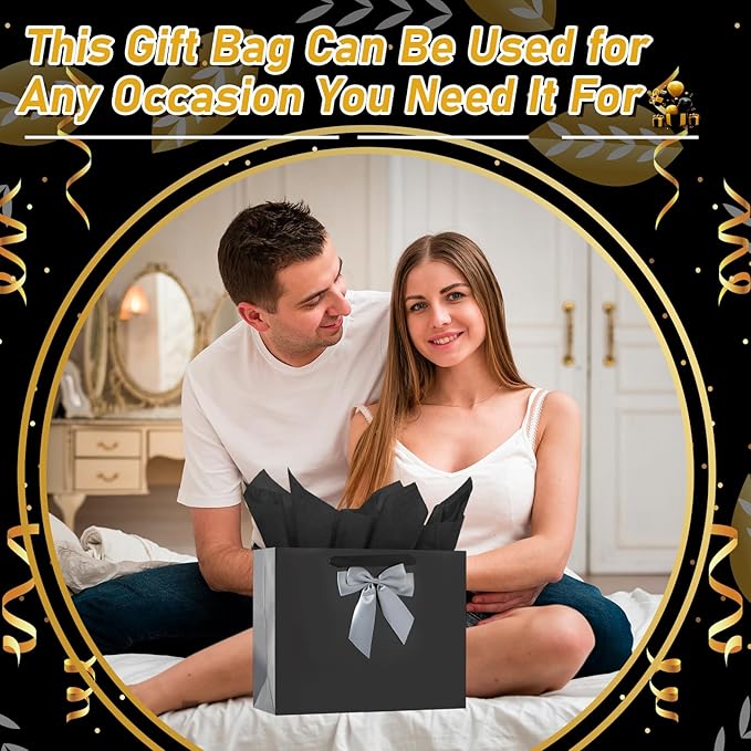 Bloomwords 13" Black Gift Bag Set - 1 Large Paper Bag with Bow, Greeting Card & 2 Tissues, Sturdy Handles for Birthdays, Father’s Day & Special Occasions