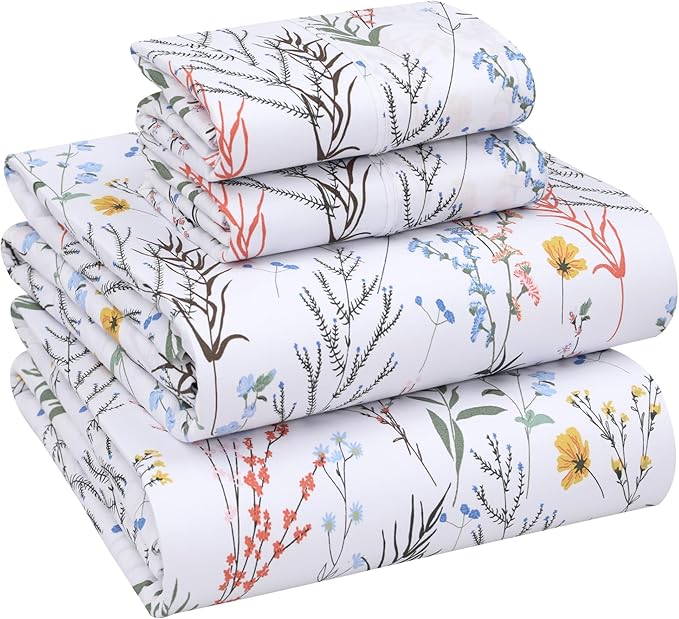 RUVANTI 100% Cotton Full Size Bed Sheets, 4 Pieces, Soft & Breathable Percale Weave Bedding, Deep Pocket 16", Hotel Standard, Crisp Cool Feel, Durable, Perfect Sheet Set Floral, Aroma