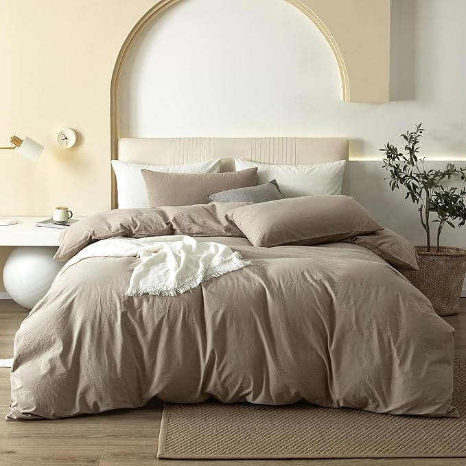 JIYUAN 100% Washed Cotton Duvet Cover Set 3 Pieces King, 1 Duvet Cover 104x90 Inches(Comforter Not Included) and 2 Pillowcases,Linen Feel Bedding Set Comfy and Breathable,Khaki