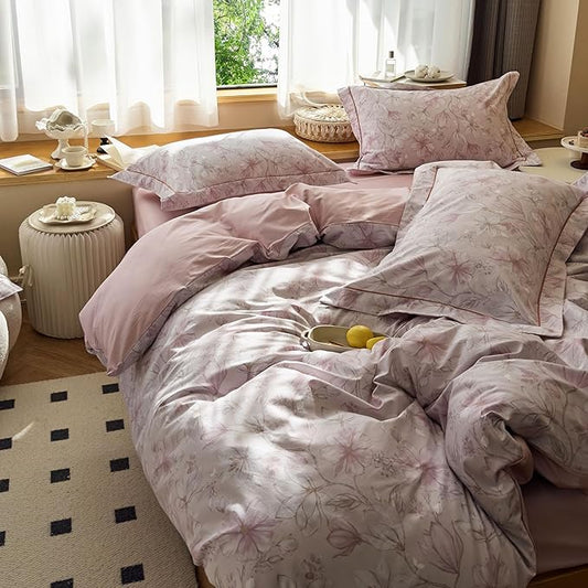 AOJIM Aesthetic Pink Duvet Cover Set with Gardenia Patterns for Room Decor, Pure Cotton Comforter Cover Set 3pcs for Kids Adults, 1 Soft Cozy Printed Quilt Cover Queen Size and 2 Pillowcases