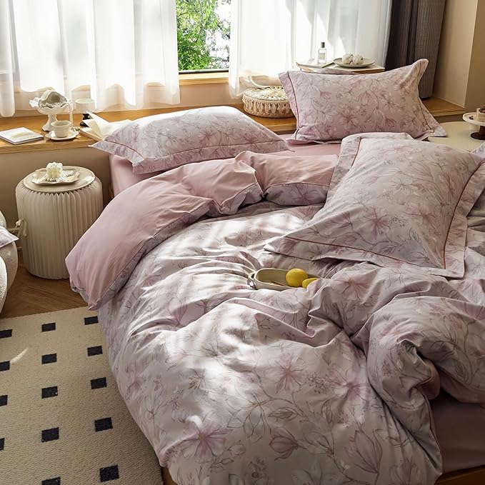 AOJIM Exquisite Duvet Cover Set with Floral Print for Kids Adults, Soft Pure Cotton Comforter Cover Set 3pcs, 1 Pink Gardenia Quilt Cover Twin Size and 2 Matching Pillowcases for Room Decor, No Quilt