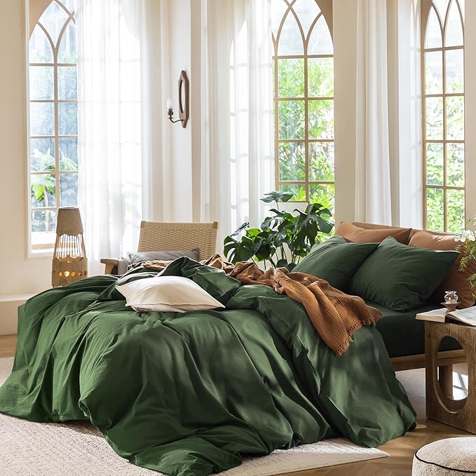 MooMee Bedding Duvet Cover Set 100% Washed Cotton Linen Like Textured Breathable Durable Soft Comfy (Solid Forest Green, Alaska King 132"x120")
