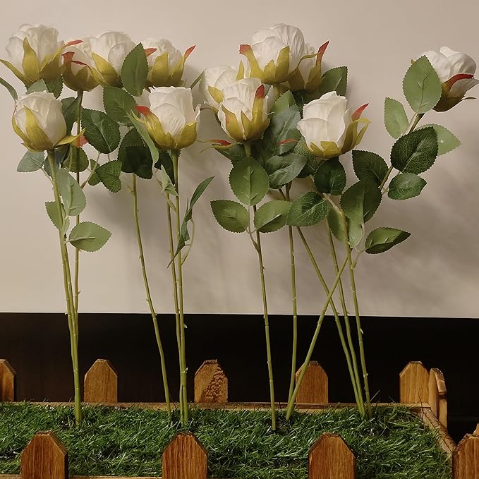 Artificial Roses 10 Pcs - Lifelike Single Stem Fake Roses with Natural Petal Texture,Fade-Resistant Silk Flowers for Wedding Decor,Home Vase Arrangements,Party Centerpieces(10, Creamy White)