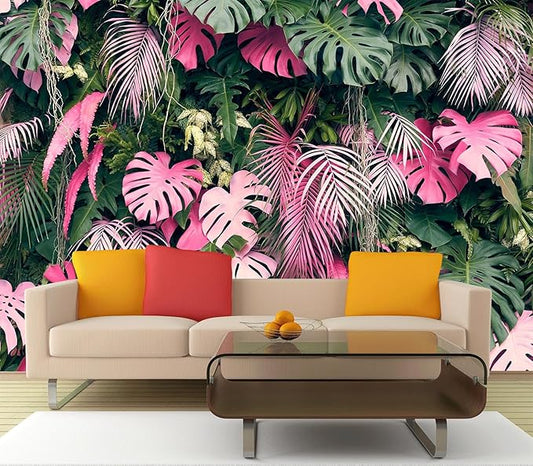 Cliouar-Leaves Green and Pink, Tropical Plants,Wall Mural Wallpaper Peel and Stick 160" x 114"