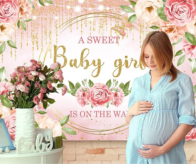 Sensfun Pink Floral Baby Girl Decorations - Glitter Gold Blush Flower Banner for Sweet Girls Baby Shower Party Supplies - 10x6.5ft