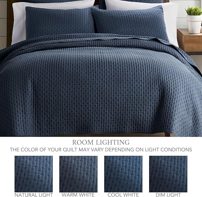 Levtex Home Cross Stitch Reversible Full/Queen Quilt Set (88x92in) with 2 Pillow Shams (26x20in) - Stitch Texture - Navy - Cotton Full/Queen Size Quilt Bedding Set - Lightweight, Soft, Pre-Washed