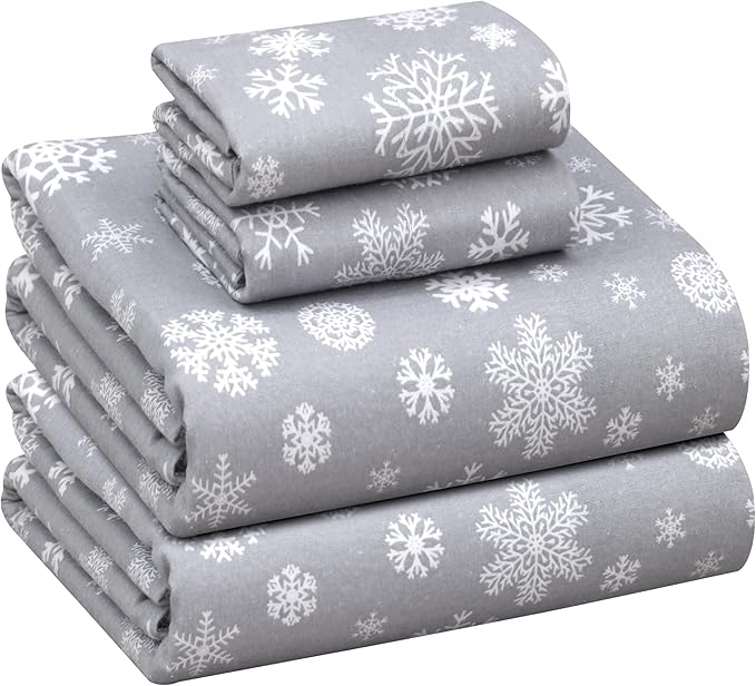RUVANTI Flannel Sheets Full Size - 100% Cotton Double Brushed Bed Sheets Set, Deep Pockets 16 Inches, All Seasons Breathable & Extra Soft Full Sheets, Warm & Cozy, 4 Piece, Snowflakes