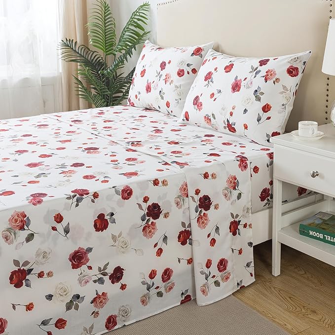 FADFAY Rose Sheets Set Queen Vintage White Rose Floral Bedding Chic Red Rose Bed Sheets Shabby Farmhouse Bedding 100% Percale Egyptian Cotton 800 Thread Count Deep Pocket Fitted Sheet 4Pcs,Queen Size