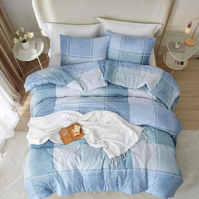 LifeTB Blue Checkered Comforter King Comforter Set Geometric Checkered Plaid Bedding Comforter for Men Boys Fluffy Soft Lightweight Bedding Boho Plaid Comforter Set for All Seasons King Size