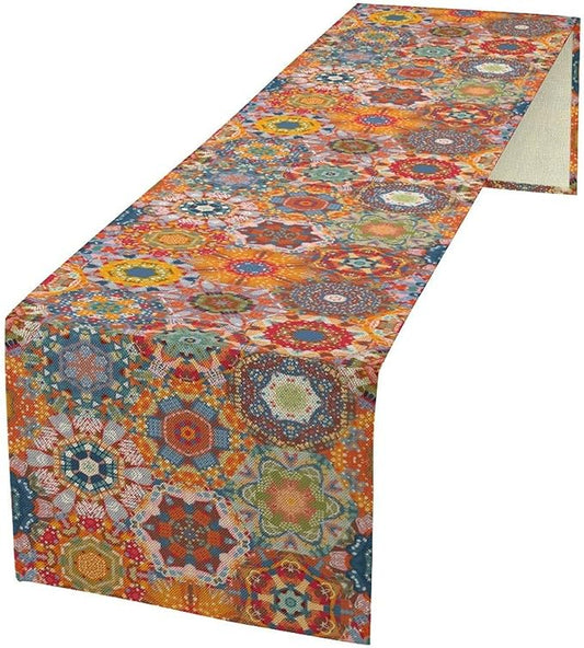 Boho Table Runner, Orange Geometric Mandala Flower Fall Farmhouse Decor Table Runner for Kitchen Dining Party Home Decoration, 13x70 Inch