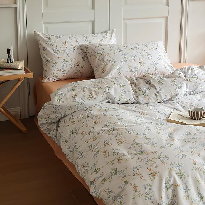 EAVD Vintage Style Garden Botanical Floral Duvet Cover Twin Girl Soft Cotton Chic Floral Botanical Bedding Set with 2 Pillowcases Fresh Reversible Botanical Duvet Cover with Zipper Closure