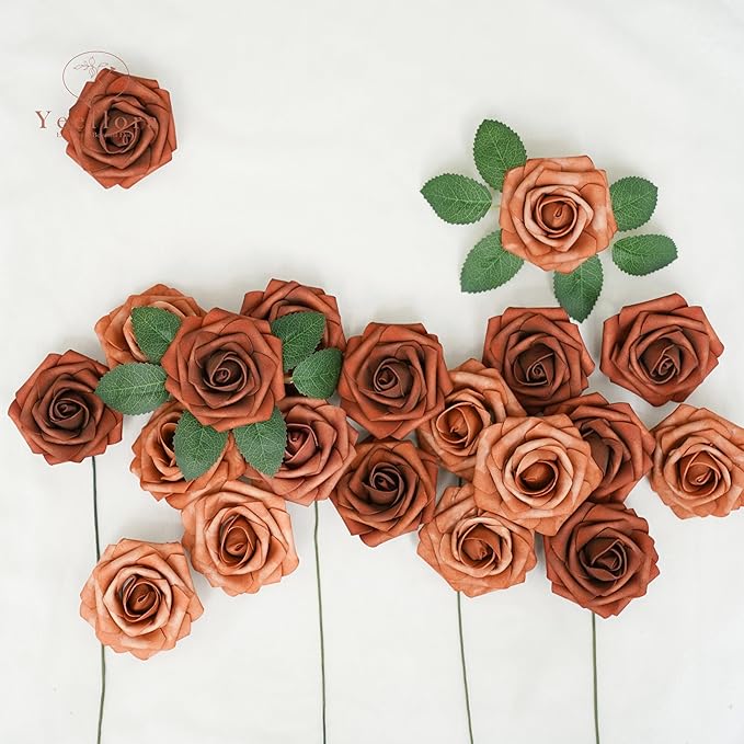 Artificial Flowers, 25pcs Artificial Rose for DIY Wedding Bouquets Centerpieces Arrangements, Shades of Terracotta Foam Roses with Stem for Bridal Shower Party Home Decorations