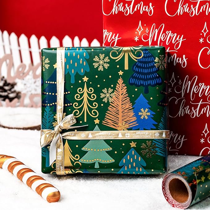 MAYPLUSS Christmas Wrapping Paper Roll - 17 Inch X 33 Feet - Green Gift Wrapping Paper Christmas Tree Snowflake Reversible Red for Holiday Party New Year Kids