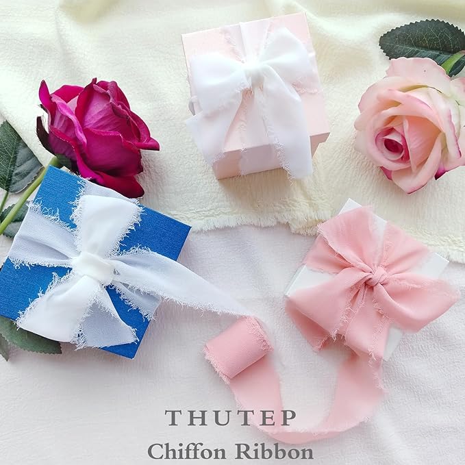 4 Rolls Chiffon Silk Ribbon，1.57 Inch Wide x 21.4 Yards Total Frayed Fringe Silk Ribbons，Suitable for Wedding Invitations, Party Decoration, Bridal Bouquets, Greeting Card(Multicolor)