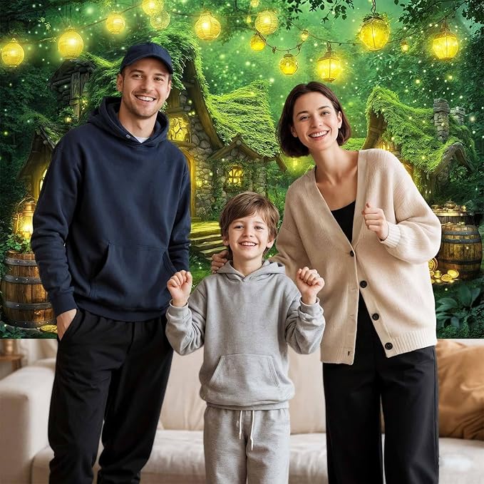 20X10ft St. Patrick's Day Backdrop Magic Enchanted Forest Green House Lucky Irish Shamrock Gold Coins Wonderland Photography Background for Kids Girls Party Decoration Cake Table Photo Booth Props