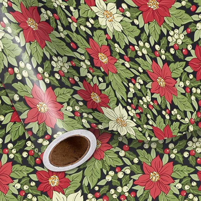 LeZakaa Vintage Christmas Floral Wrapping Paper Roll, Red White Poinsettia Flowers Leaves Classic Design, for Christmas, Winter Holiday, Family, Friends, Gift Wrapping, Mini Roll 17 in x 16.4 Ft