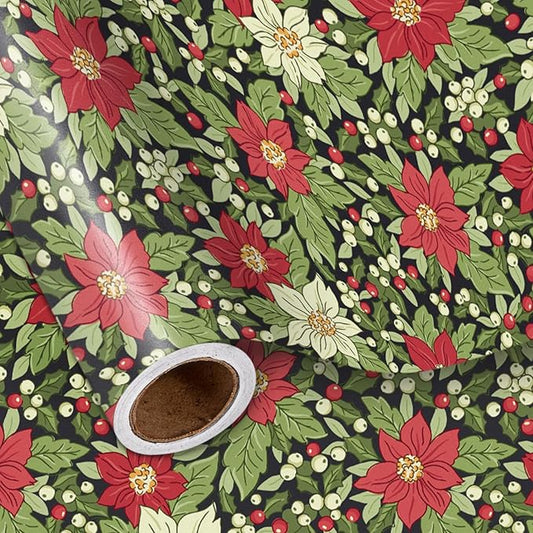 LeZakaa Vintage Christmas Floral Wrapping Paper Roll, Red White Poinsettia Flowers Leaves Classic Design, for Christmas, Winter Holiday, Family, Friends, Gift Wrapping, Mini Roll 17 in x 16.4 Ft