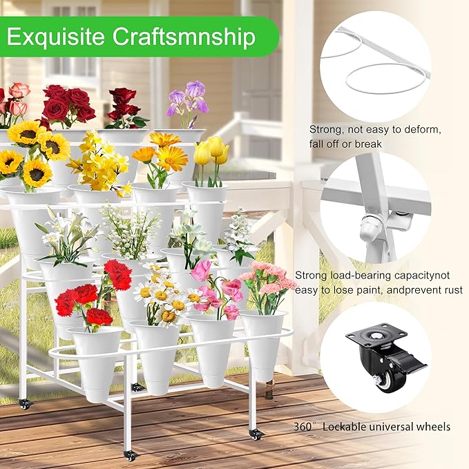 Flower Display Stand with 16PCS Buckets, 4 Layers Flower Cart Display Stand with Wheels Heavy Duty Metal Flower Bar Stand - White