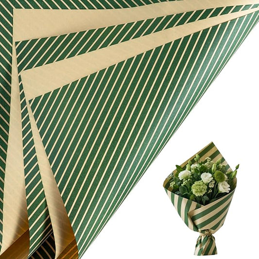 LeZakaa 20 Sheets Kraft Stripe Flower Wrapping Paper, Green Diagonal Stripes Floral Bouquet Paper for Christmas, Valentines, Mothers Day, Party, Birthday, Wedding, Baby Shower