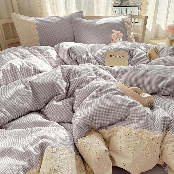 LifeTB Purple Gingham Duvet Cover King Cozy Washed Microfiber Purple Checkered Plaid Duvet Cover with 2 Pillowcases Romantic White Lace Comforter Cover 3 Pieces Gingham Grid Bedding Set