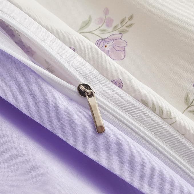 VM VOUGEMARKET Purple Flower Duvet Cover Set Twin Cotton 3 Pcs Girls White Lavender Comforter Cover with Zipper Closure,Romantic Duvet Cover + 2 Pillowcases for Spring