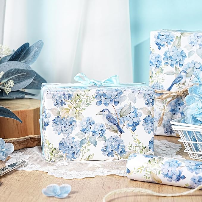 LeZakaa Hydrangea Wrapping Paper Roll, Whimsical Blue Bird Flowers Design for Wedding Bridal Shower Birthday Baby Shower, Kids' Parties, Girls, Boys, Mini Roll 17 in x 16.4 Ft