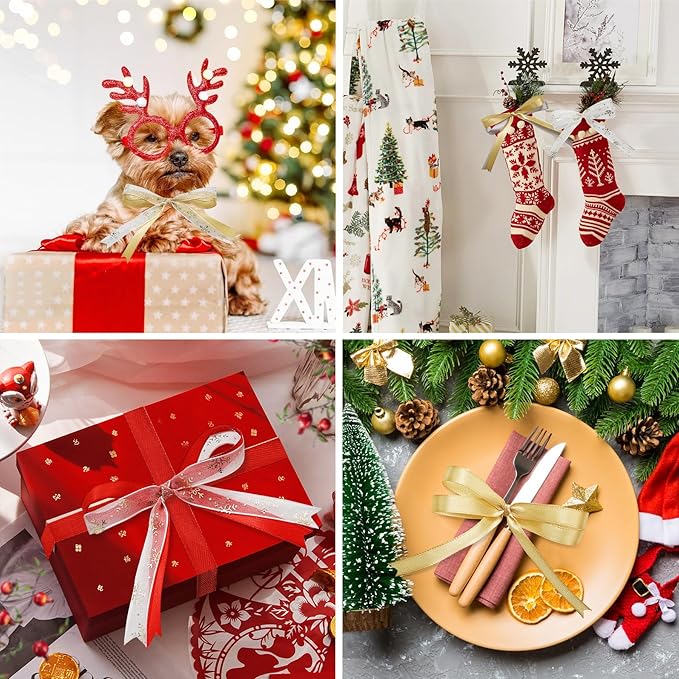 6 Rolls Snowflake Wrapping Ribbon 3/8 Inch x 150 Yards Glitter Fabric Holiday Festival Satin Ribbons for Wrapping Decoration Floral Bows Craft(Snowflake)