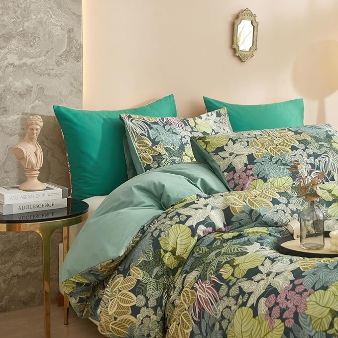 HighBuy Tropical Green Duvet Cover Queen Size Soft Cotton Leaves Bedding Set Queen Vintage Boho Flower Comforter Cover Garden Style Duvet Cover for Kids Girls with 2 Pillowcases Queen Bedding Sets
