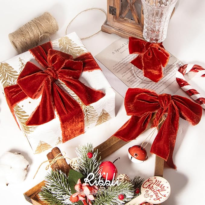 Ribbli Rust Red Velvet Ribbon 2 Inch Handmade Frayed Vintage Christmas Ribbon for Gift Wrapping Christmas Tree Ornament Wreath Craft Home Decor -3 Yards