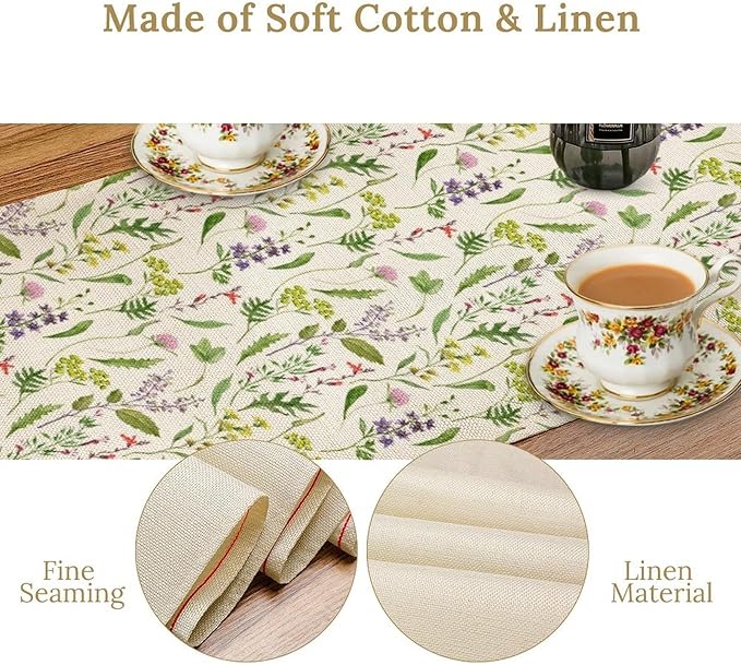 Wildflower Table Runner, Watercolor Green Botanical Flowers Vintage Bohemian Design Table Runner for Kitchen Dining Home Party Home Decor , 13x60 Inch