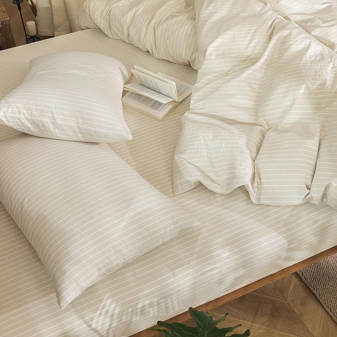 MooMee Striped Duvet Cover Set 100% Washed Cotton Linen Like Textured Breathable Durable Soft Comfy (Almond Milk Grey White Wide Stripes, Super Queen 90"x98")