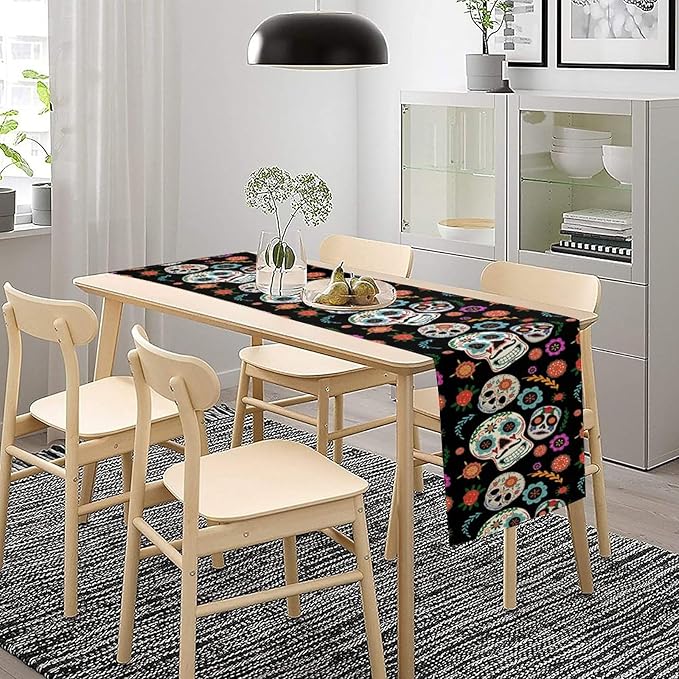 Gothic Skull Table Runner,Vintage Style Colourful Table Runner for Home Kitchen Table Dining Garden Farmhouse Wedding Party Decor 13x90 Inch