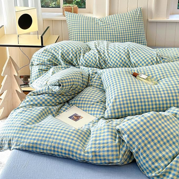 LifeTB Gingham Comforter Set Full Modern Style Blue Yellow Plaid Grid Bed Comforter 3 Pieces Soft Fluffy Checkered Pattern Comforter with 2 Pillowcases Farmhouse Gingham Bedding Set Breathable
