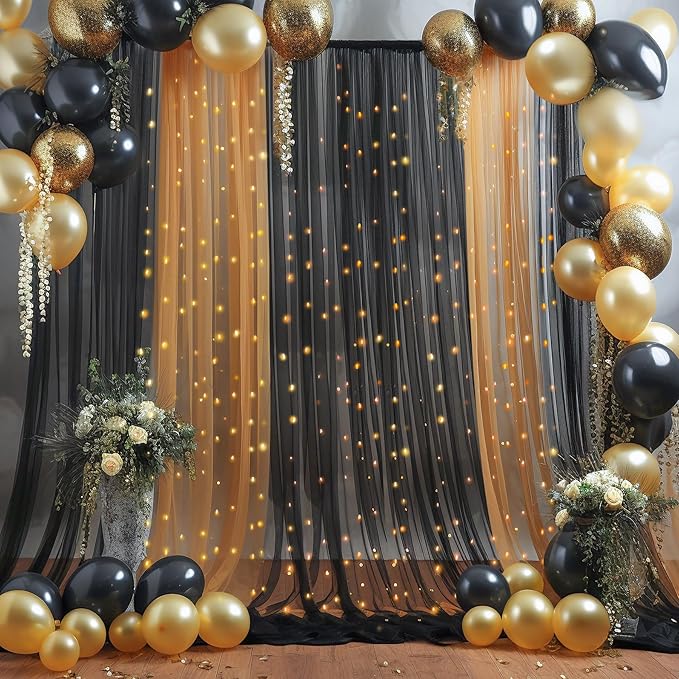 30x10ft Black Tulle Backdrop Curtain with Lights String for Parites, Sheer Backdrop Curtains for Wedding Baby Shower Birthday Party Photo Shoot Decorations