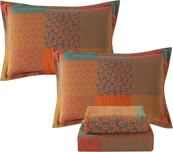 FADFAY Grid Sheets Set Queen Vintage Checkered Floral Bedding Shabby Geometry Farmhouse Bedding Super Soft Washed Double -Layer Muslin Sheets 100% Cotton Deep Pocket Fitted Sheet 4Pcs, Queen Size