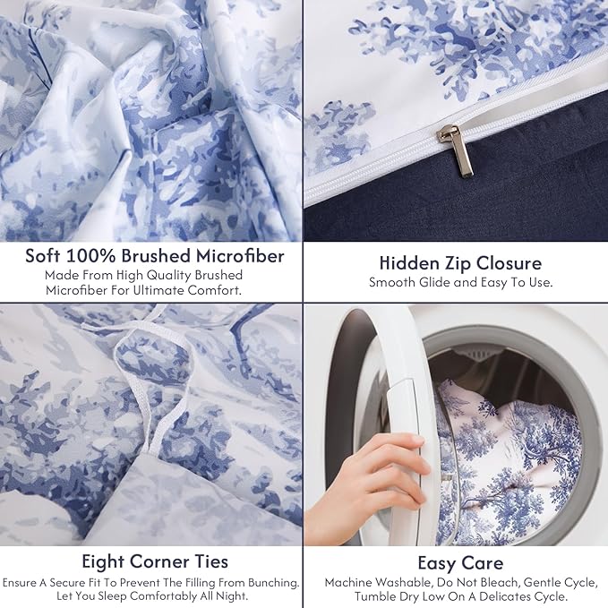 LONAVA King Botaincal 3 Pcs Duvet Cover Set, Breathable Soft Microfiber Navy Lining Comforter Cover with Zipper Closure, and 2 Anti-Pilling, Fade Resistant Pillowcases, Blue Forest